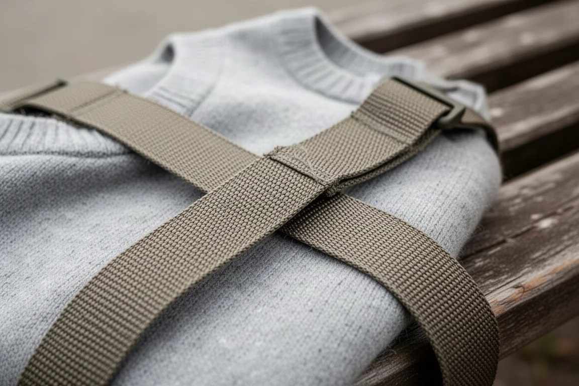 Close-up van stijve webbing harnasbanden en gesp op een opgevouwen fleece