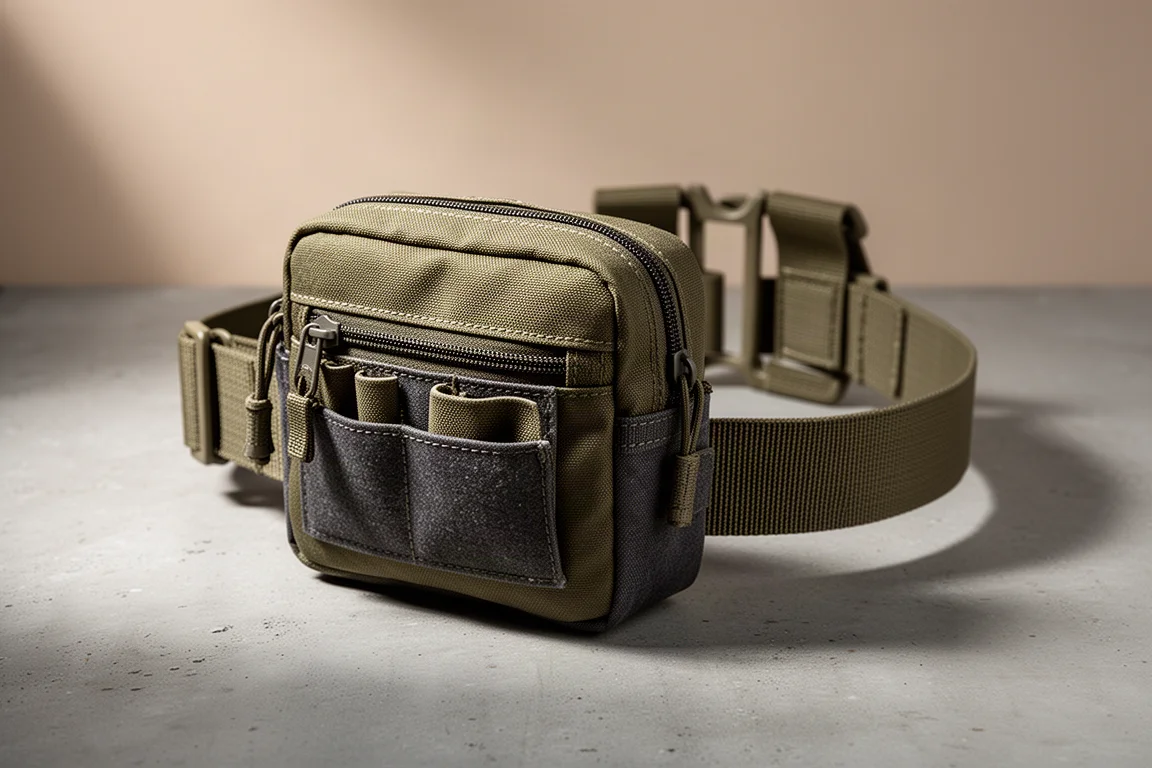 Pouch tattica compatta in oliva e grigio con imbracatura a H su una superficie in cemento