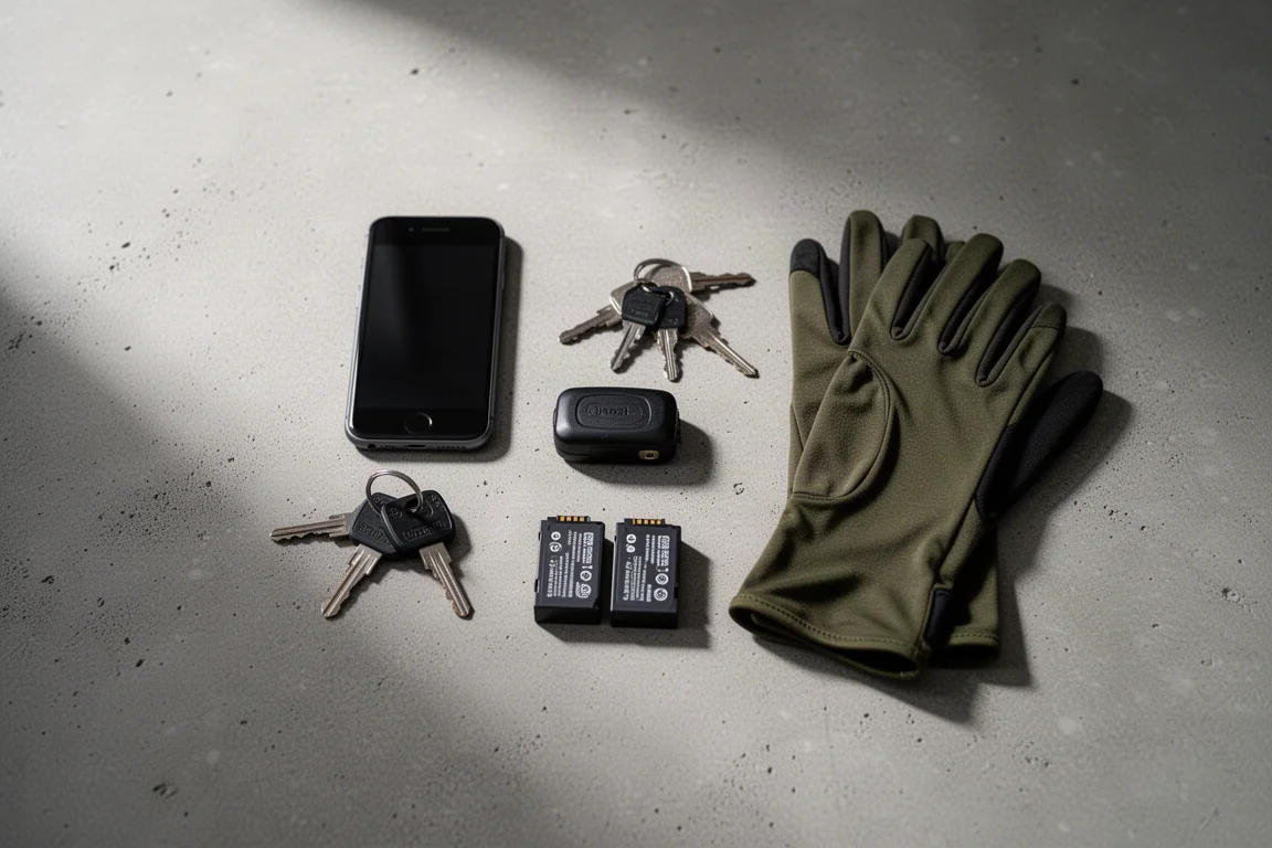 Overzichtsfoto van trailbenodigdheden zoals een telefoon, sleutels, batterijen en handschoenen op beton