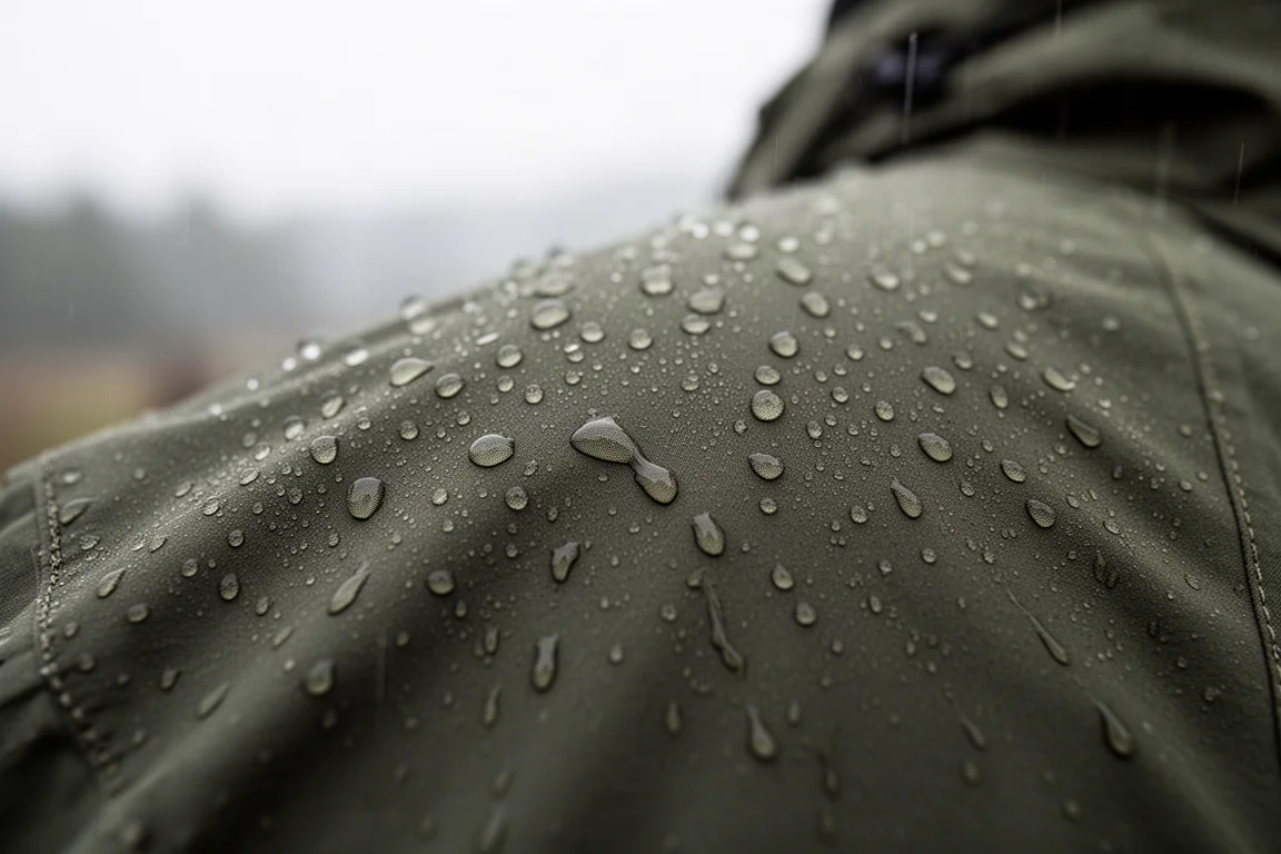 Waterparels op donkergroene technische stof na lichte regen bij bewolkt licht