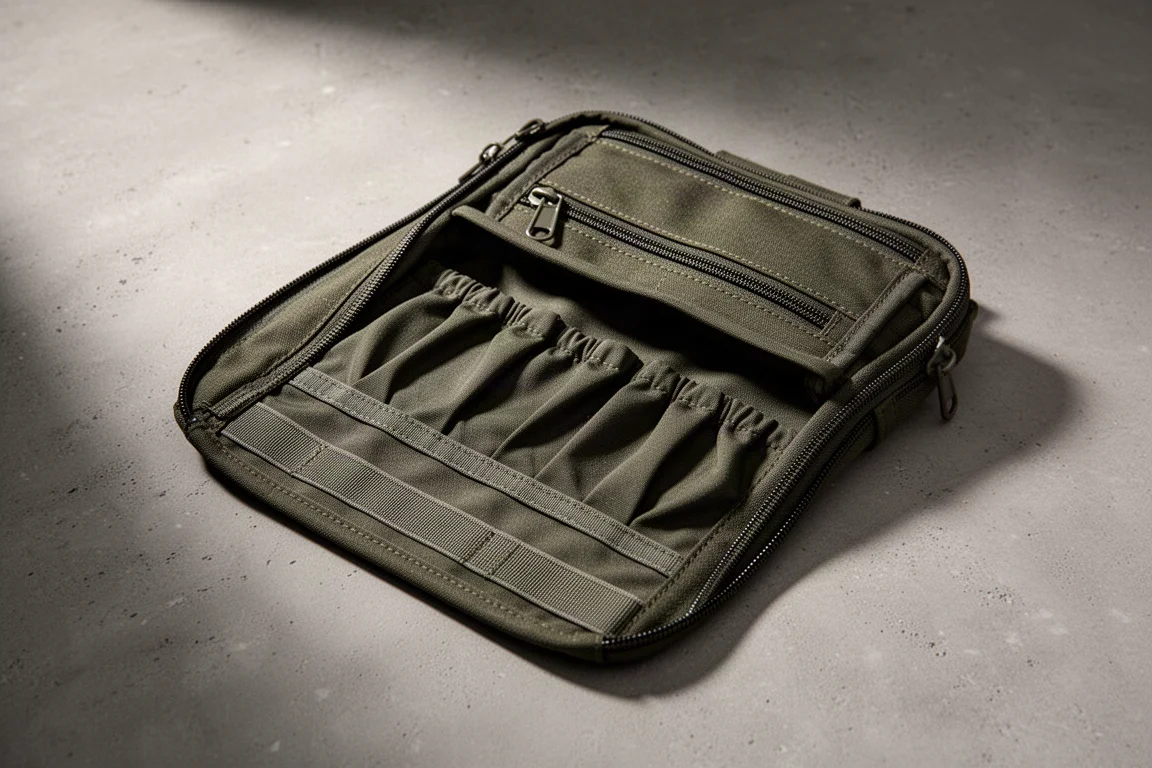 Compact olive chest rig laid open on a concrete surface showing interior sleeves