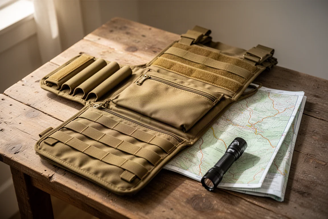 Escursionista su un sentiero di cresta con un chest rig grigio sopra uno strato sottile in pile