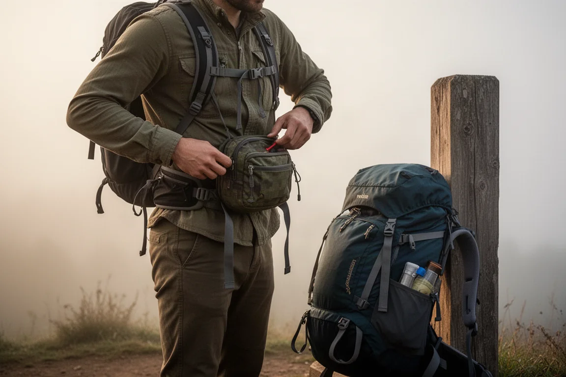 Escursionista che regola la cinghia di un chest rig grigio sotto una pioggia leggera