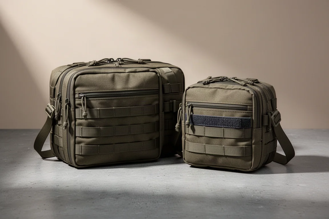 Olive chest rig with open zipper, folded map, and compass arranged on a concrete surface