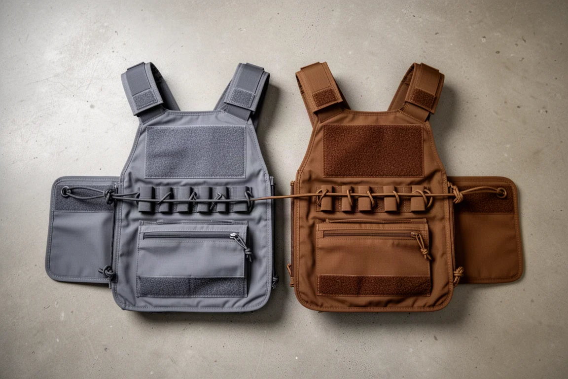 Zwei taktische Chest Rigs nebeneinander auf einer hölzernen Werkbank