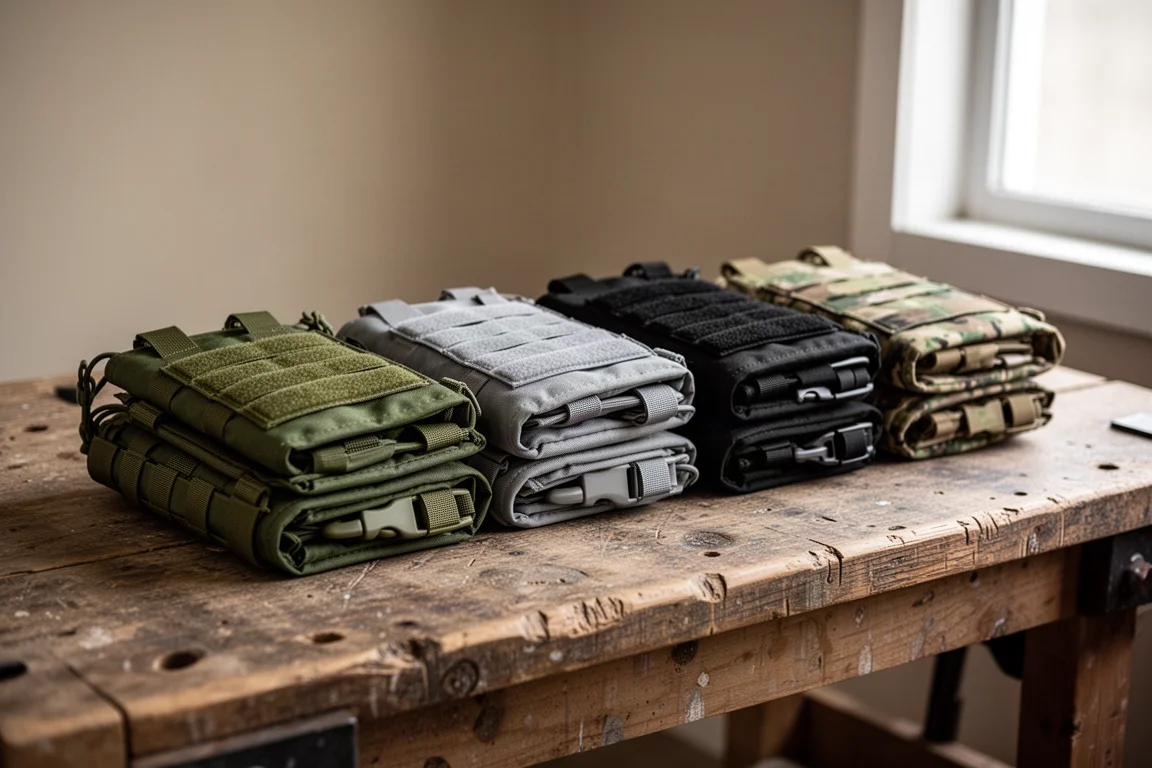 Coyote-braunes Chest Rig an einer Lochwand über einer gefalteten Karte
