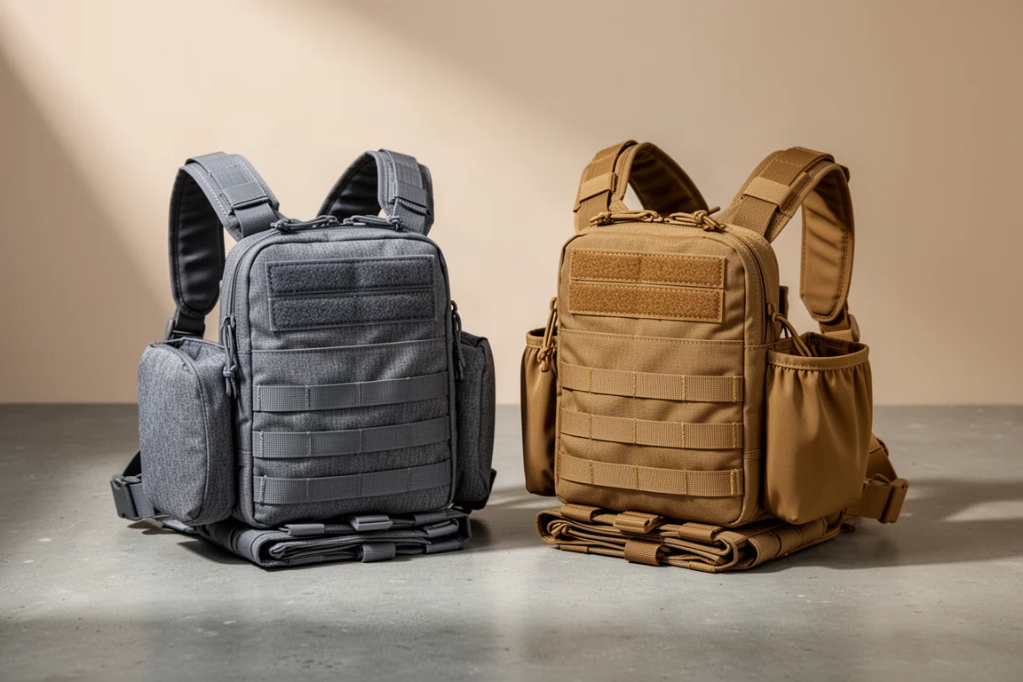 Two chest rigs, one grey and one coyote brown, side by side on a concrete surface