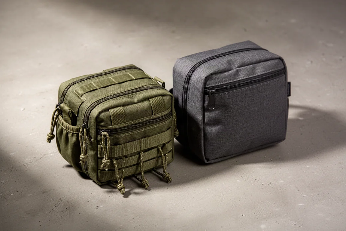 Two chest rigs side by side on a matte concrete surface in soft studio light