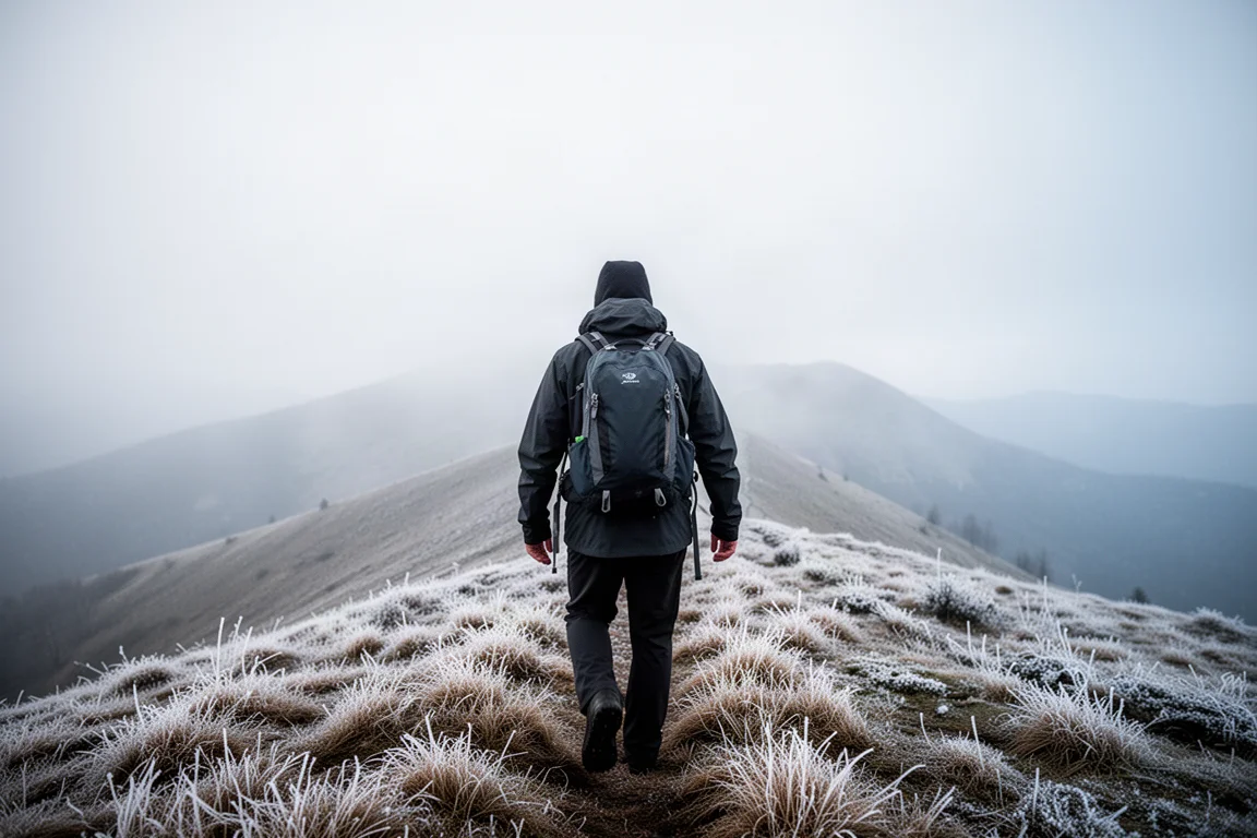 Wanderer von hinten auf einem frostigen Berggrat, trägt eine Fleece-Zwischenschicht und einen Rucksack