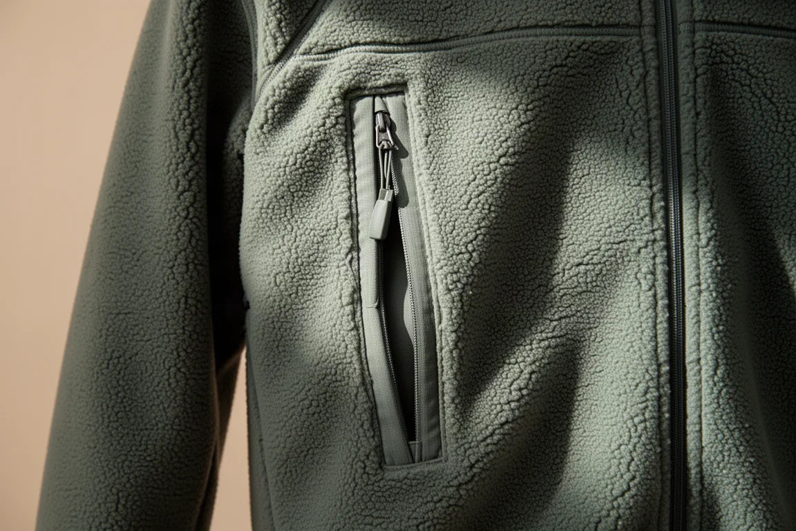 Nahaufnahme eines geöffneten Achsel-Ventilationsreißverschlusses an einer graugrünen Fleece-Jacke