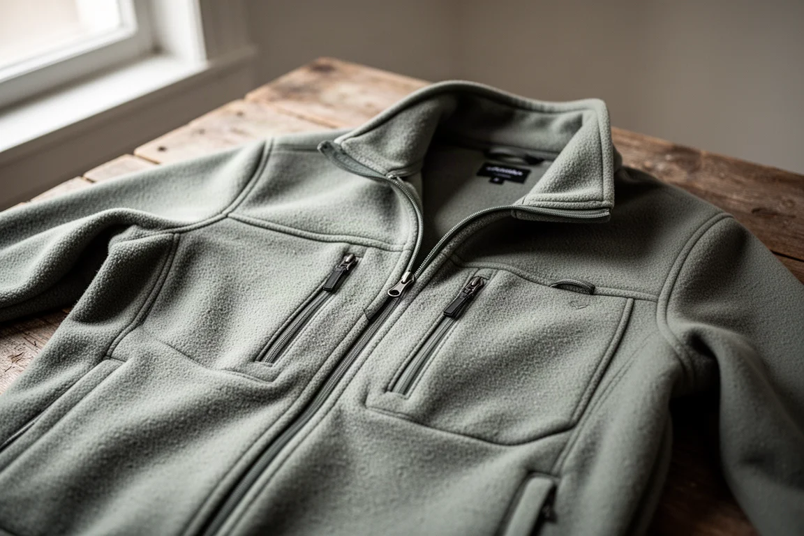 Nahaufnahme der Brusttaschen und der vorderen Reißverschlussabdeckung einer Fleece-Jacke auf Holz