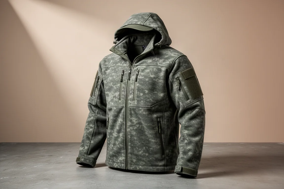 Giacca in pile tattica pesante grigio-verde su una superficie in cemento