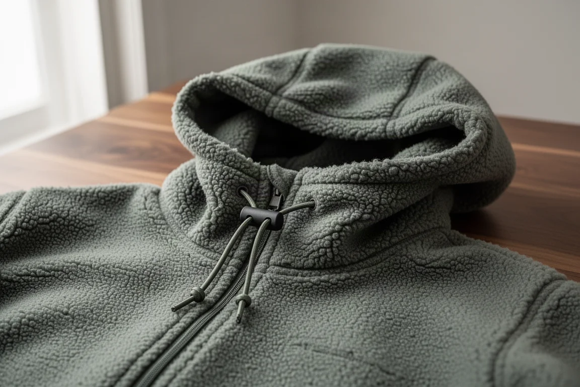 Wanderer in olivfarbener Fleecejacke auf einem nebligen Waldweg im Herbst