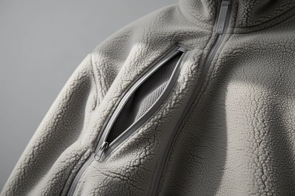 Nahaufnahme eines offenen Unterarm-Reißverschlusses an einem schweren Fleece-Panel