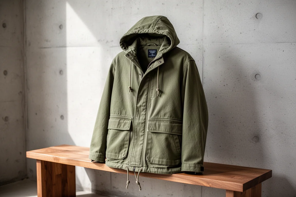 Olive green hooded anorak with center zip displayed on a wooden bench