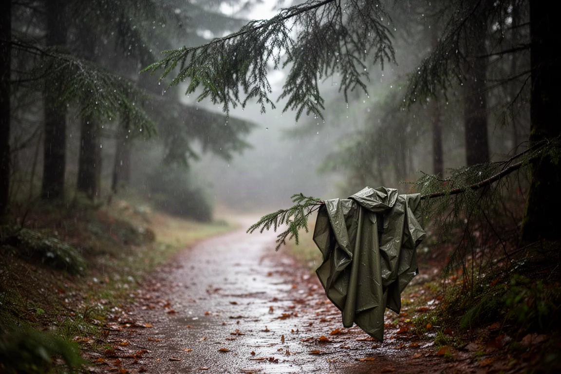 Rain falling through dark conifer branches above a wet forest trail with an olive poncho draped over a branch