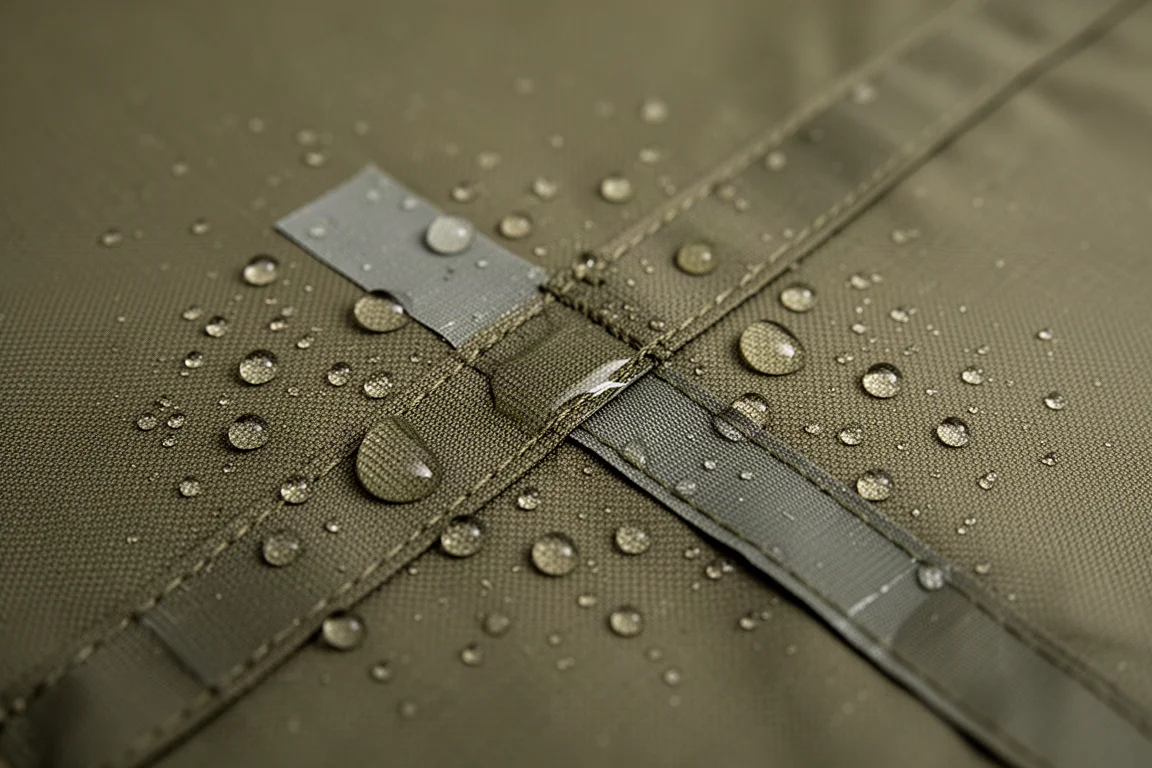 Water droplets beading on olive polyester fabric beside a diagonally running taped seam