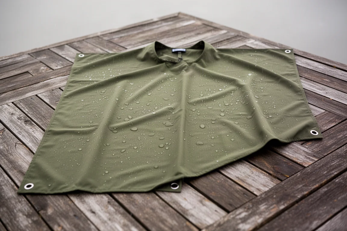 Olive green poncho spread flat on a weathered wooden deck with raindrops and corner grommets visible