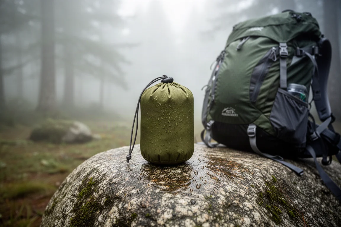 Compact olive stuff sack on a wet granite boulder beside a hiking backpack in misty forest