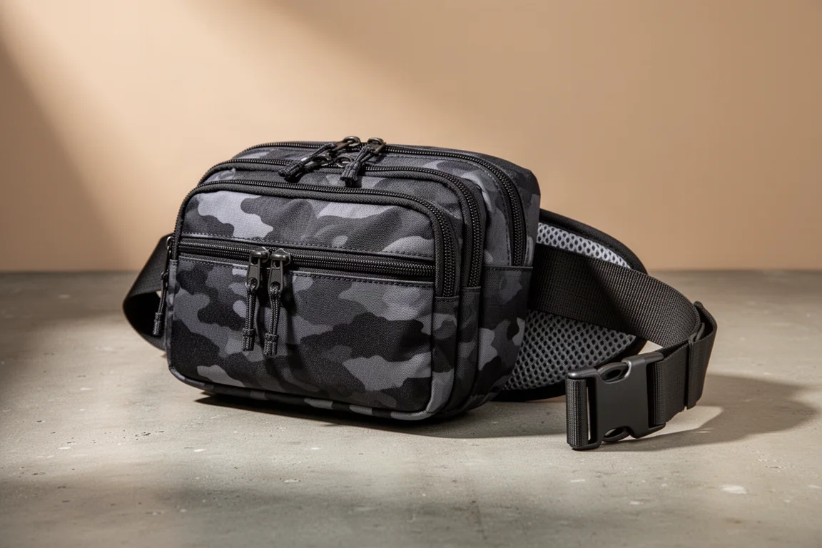 Camouflage multi-pocket waist pack with three zippered compartments on a concrete surface