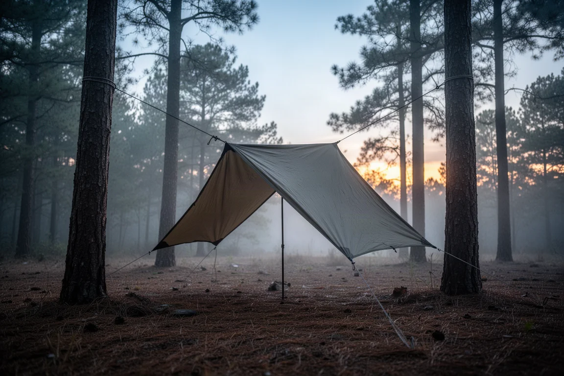 Low A-frame tarp shelter pitched in a misty forest clearing at dawn