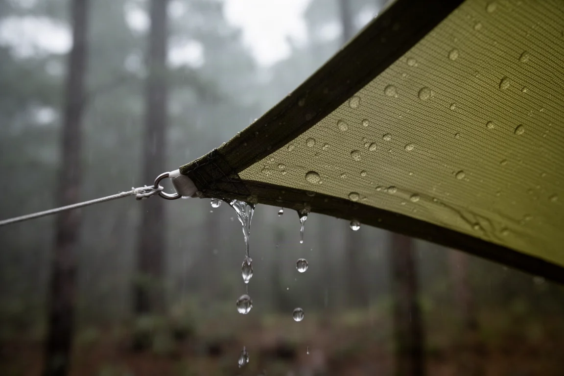 Rain droplets beading on taut ripstop tarp fabric with a taped seam