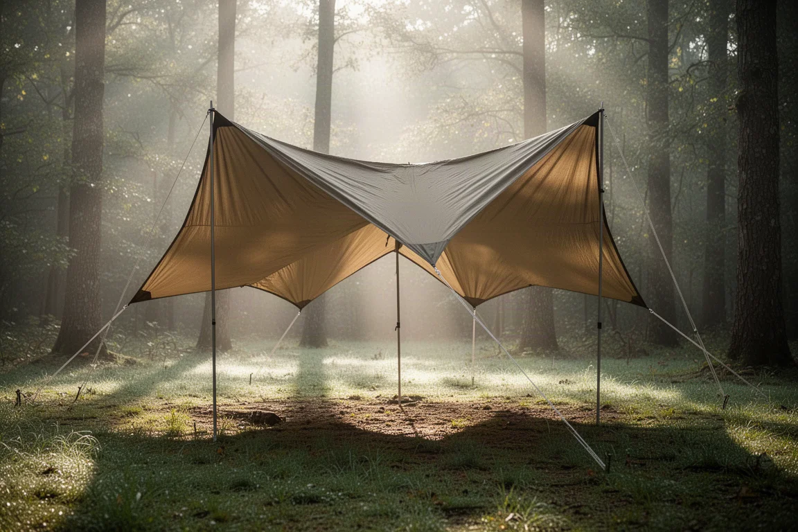 Tarp pitched low in storm configuration on an exposed grassy ridge at dusk