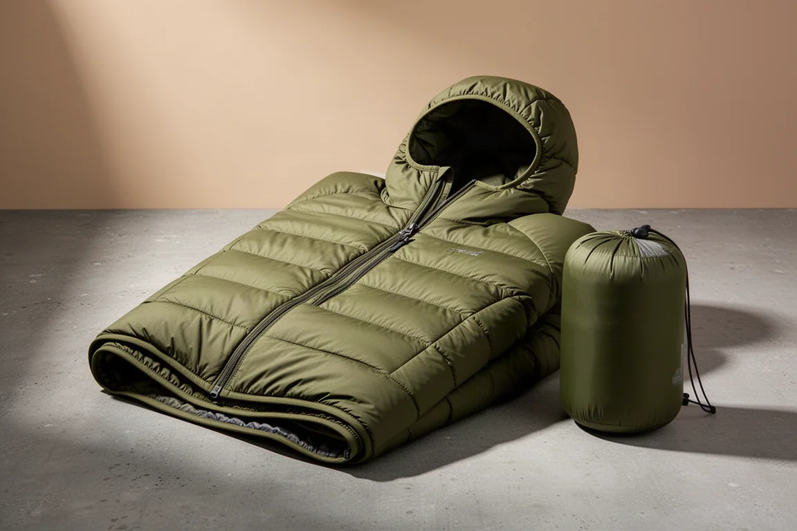 Quilted olive insulation layer partly unrolled beside its stuff sack on a concrete surface