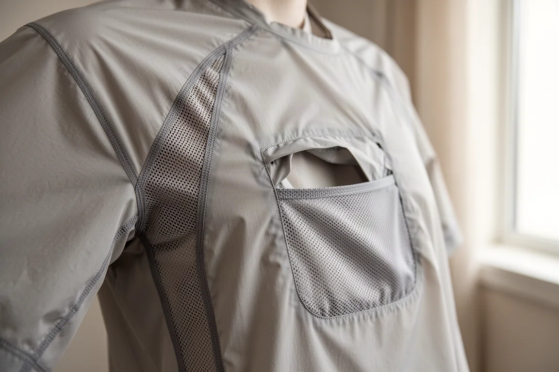 Close-up van mesh-ventilatie onder de armsgaten en open borstzak op lichtgewicht nylon stof