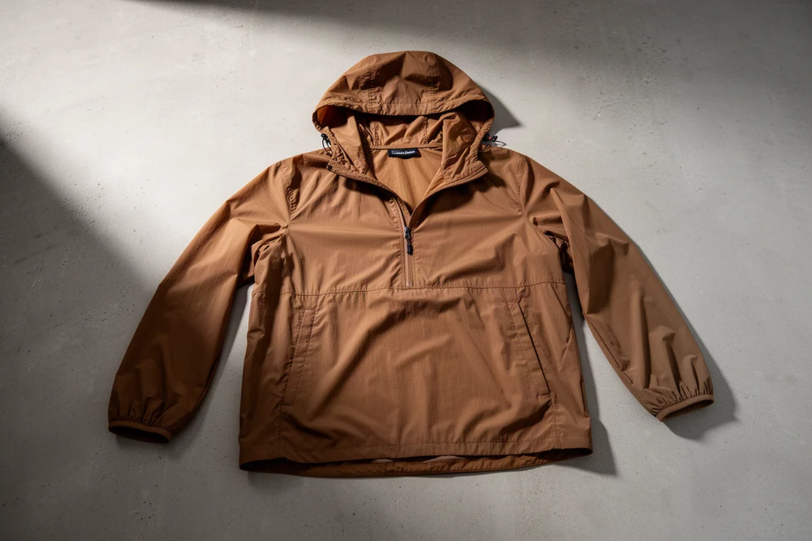 Ultralight nylon wind anorak in coyote brown laid flat on a concrete surface