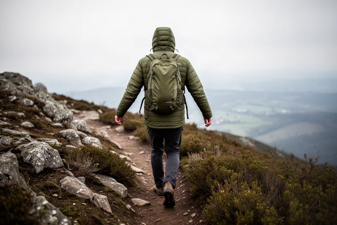 Wanderer in einer leichten isolierten Jacke auf einem nebligen Waldweg bei kaltem Wetter