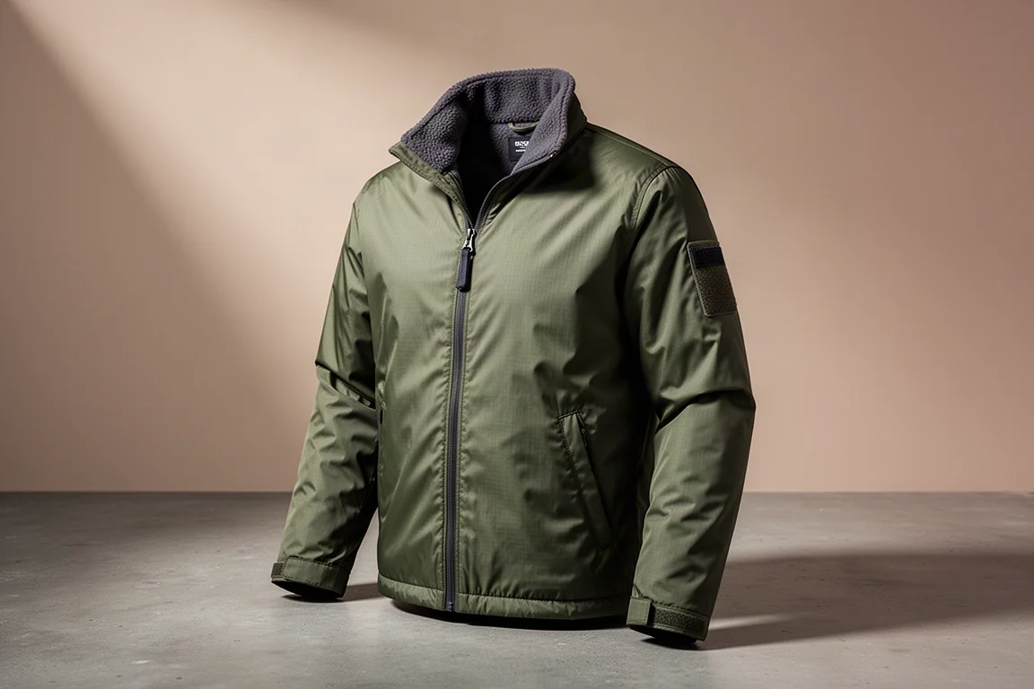 Olive green lightweight insulated jacket on a concrete surface with a fleece-lined collar