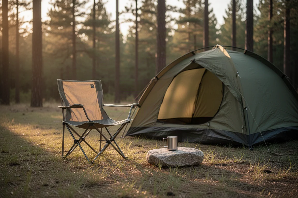 Compacte opvouwbare kampeerstoel opgezet naast een kleine tent op een grasveld bij zonsopgang