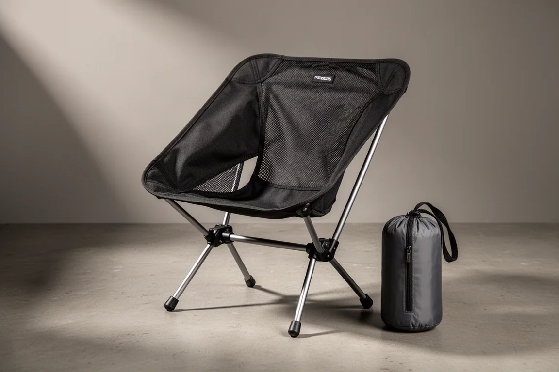 Compact black folding camp chair with aluminium frame beside its stuff sack on concrete