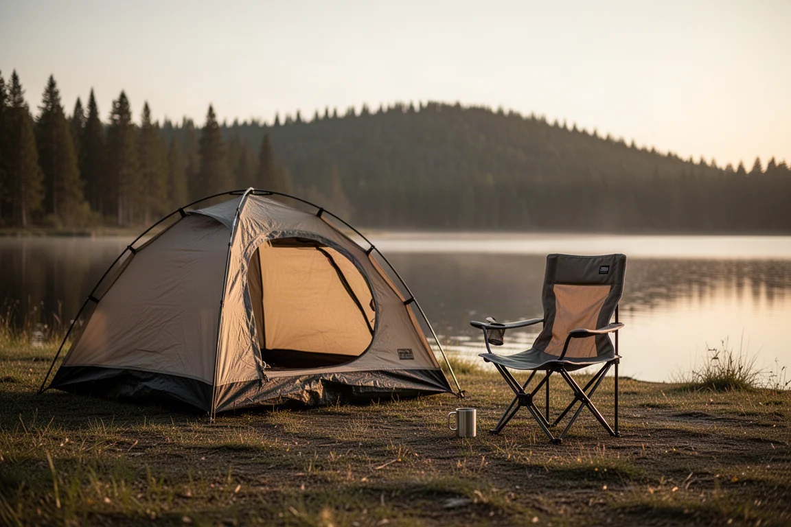 Emplacement de camping à l'heure dorée avec une tente dôme et une chaise de camping haute compacte