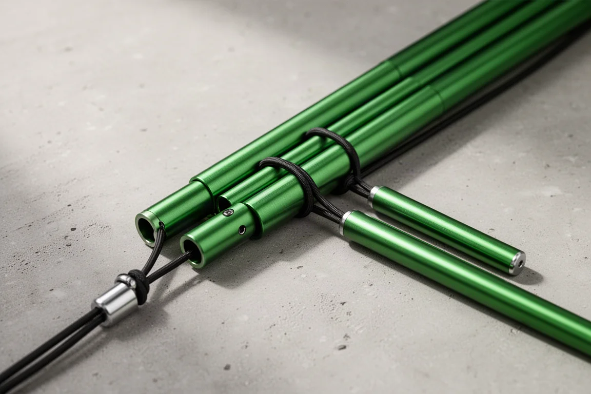 Segments de poteaux en aluminium anodisé vert à cordon élastique disposés sur du béton