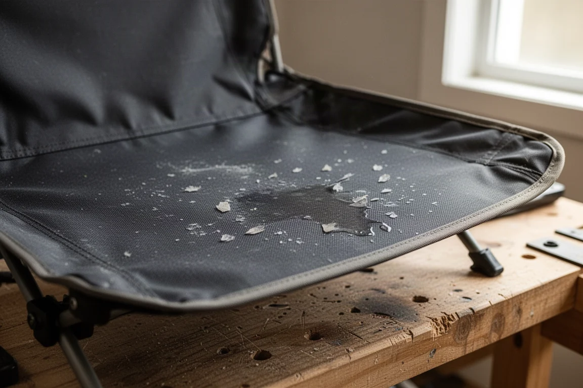 Gros plan sur un revêtement imperméable usé qui s'écaille sous le tissu de la chaise de camping