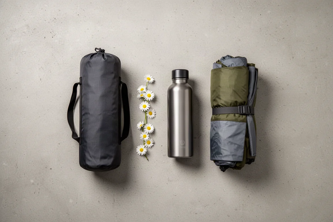 Vue à plat comparant un sac de chaise de camping rangée avec une bouteille d'eau et une tente roulée