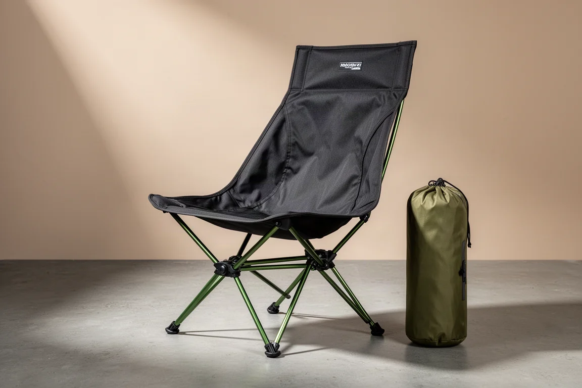 Lightweight high-back camp chair set up beside its carry bag on a concrete surface