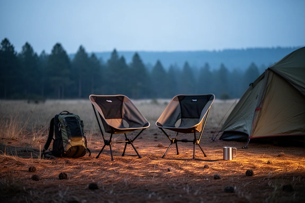 Dos sillas de camping ligeras colocadas una al lado de la otra en un claro de campamento al anochecer