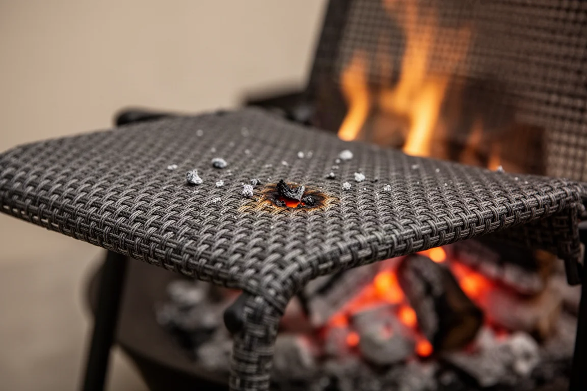 Primer plano de la tela tejida de una silla de camping con pequeñas marcas de ceniza a la luz del fuego