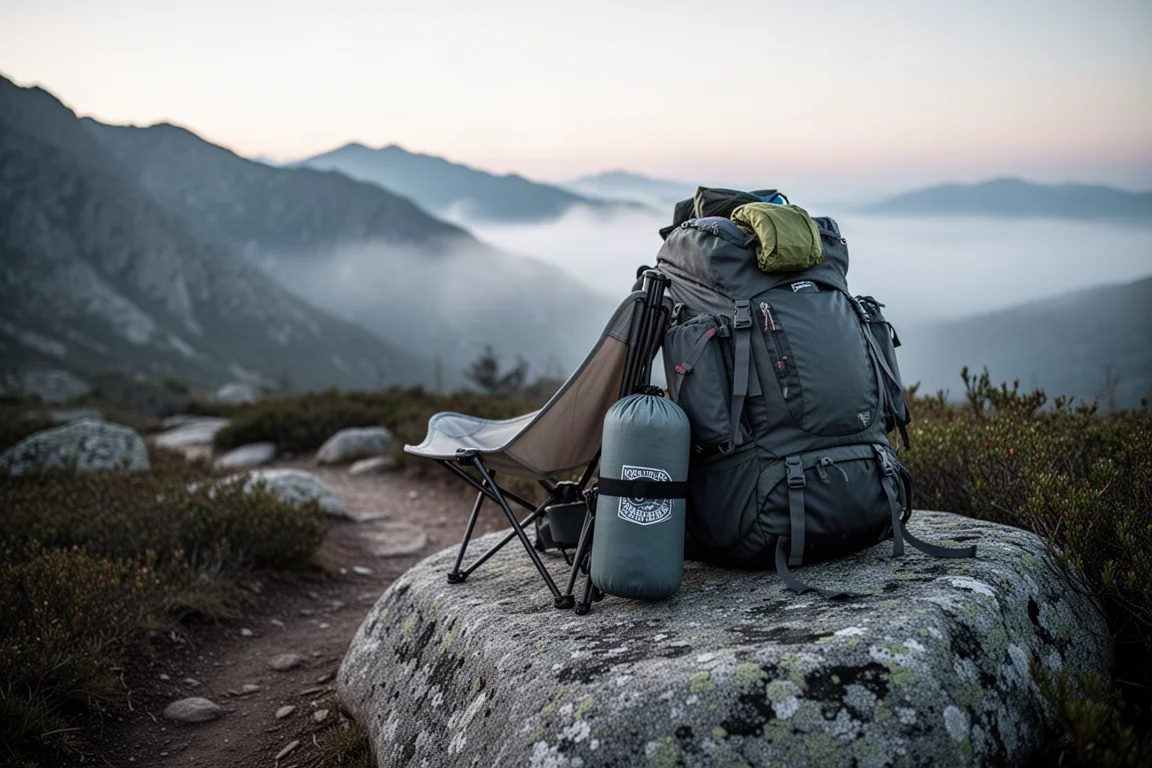 Silla de camping plegada en una bolsa junto a una mochila de senderismo sobre una roca al amanecer