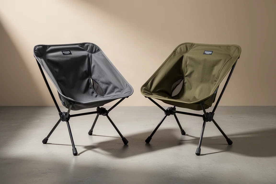 Two lightweight packable backpacking camp chairs set up side by side on concrete