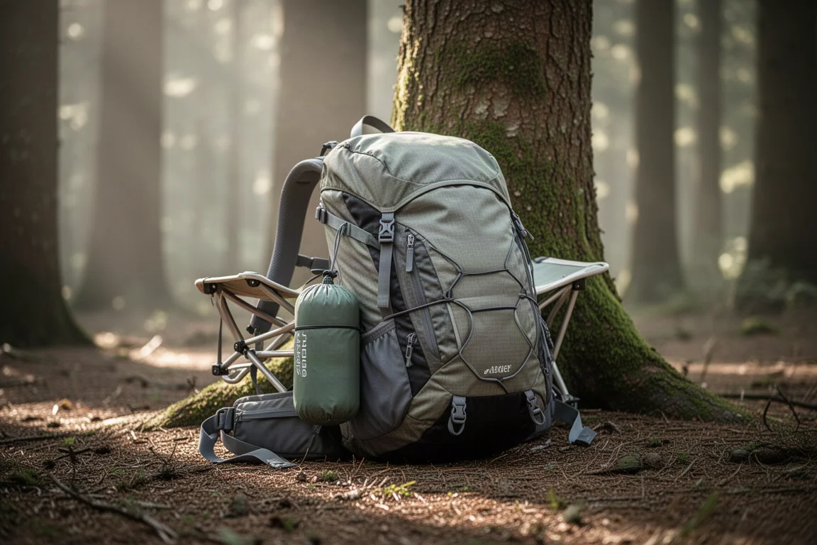 Sprzęt backpackingowy rozłożony w równych rzędach na drewnianej podłodze z małą wagą