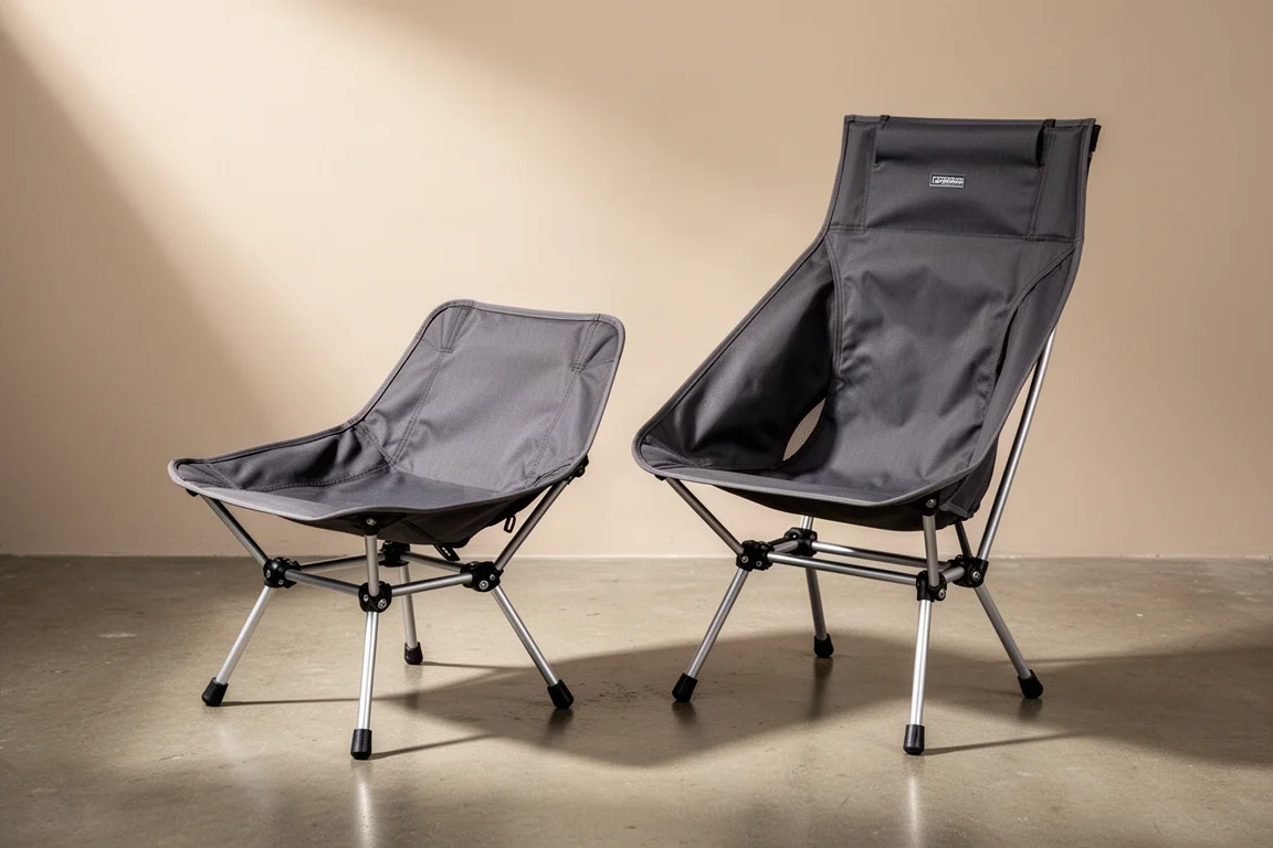 Low ultralight backpacking chair with charcoal seat and alloy frame on concrete surface