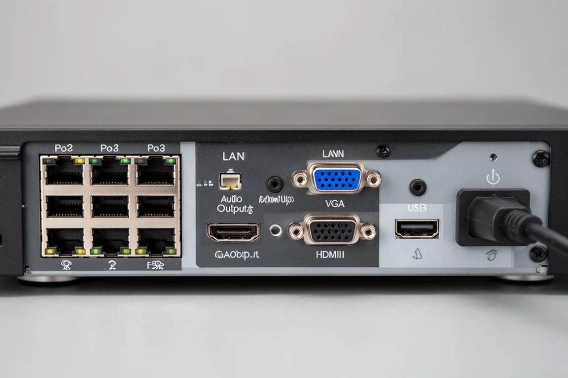 NVR 背板特寫,顯示八個 PoE 連接埠與各種輸出連接介面