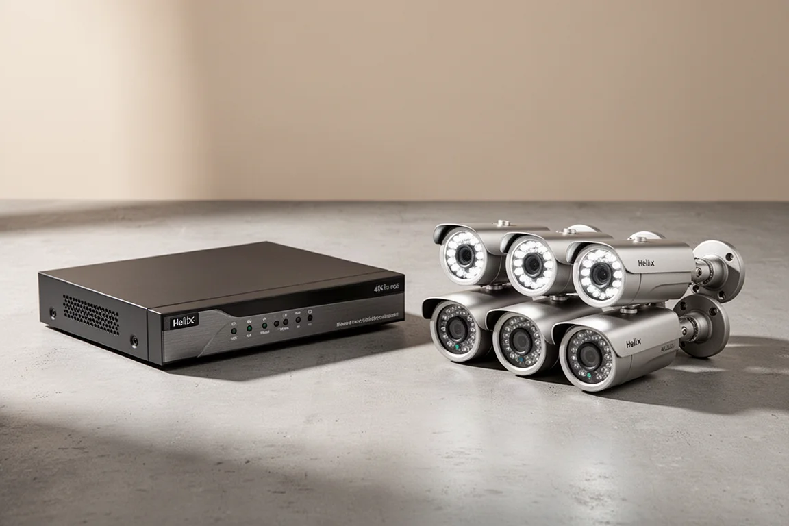 Helix HLX-NV3808E NVR 與四支子彈型監視器攝影機排列在水泥地面上