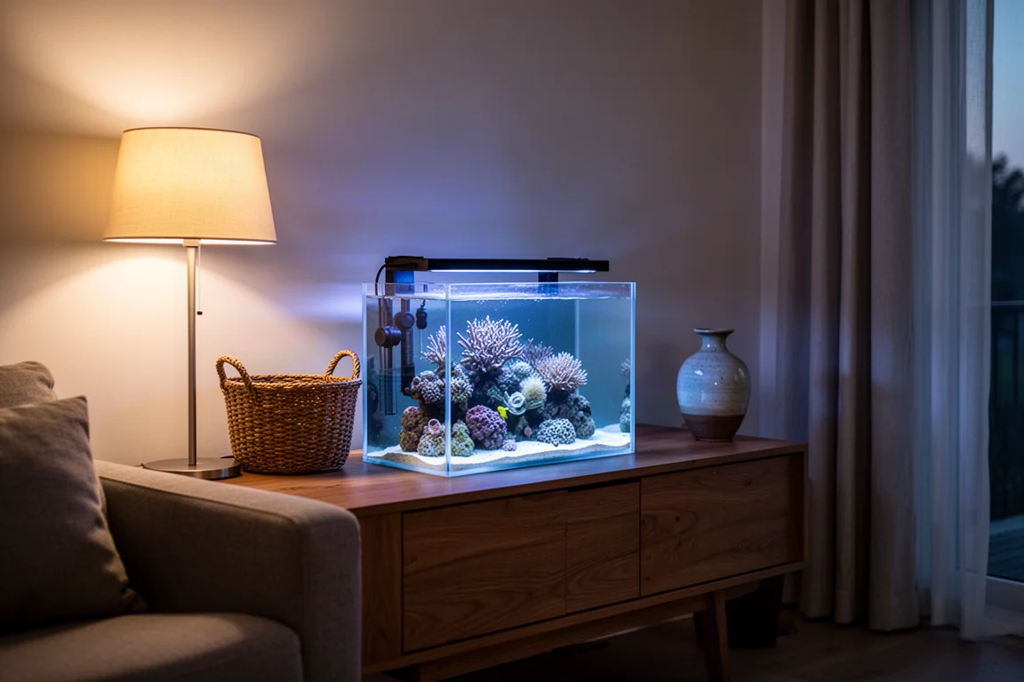Petit aquarium d'eau de mer éclairé qui brille sur un buffet en bois dans un salon au crépuscule