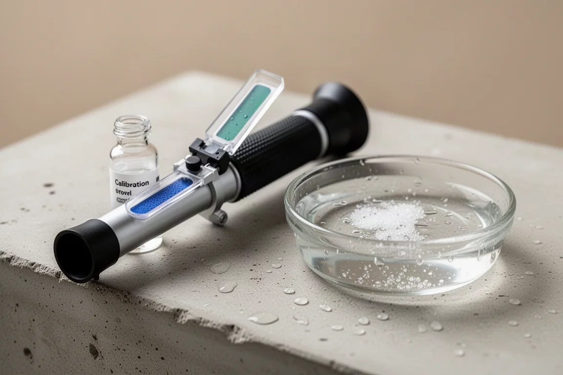 Réfractomètre portable et solution d'étalonnage sur un plan de travail, à côté d'un échantillon d'eau de mer