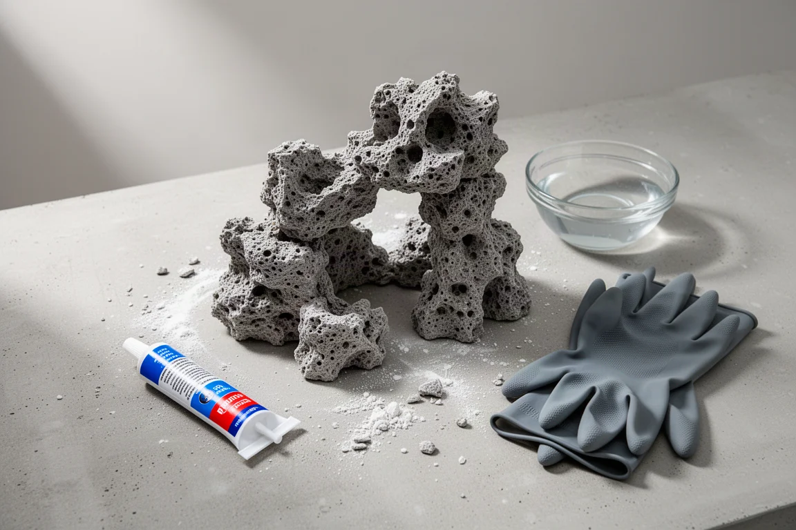 Structure rocheuse poreuse pour aquarium sur un plan de travail, avec pâte époxy et gants pliés à côté